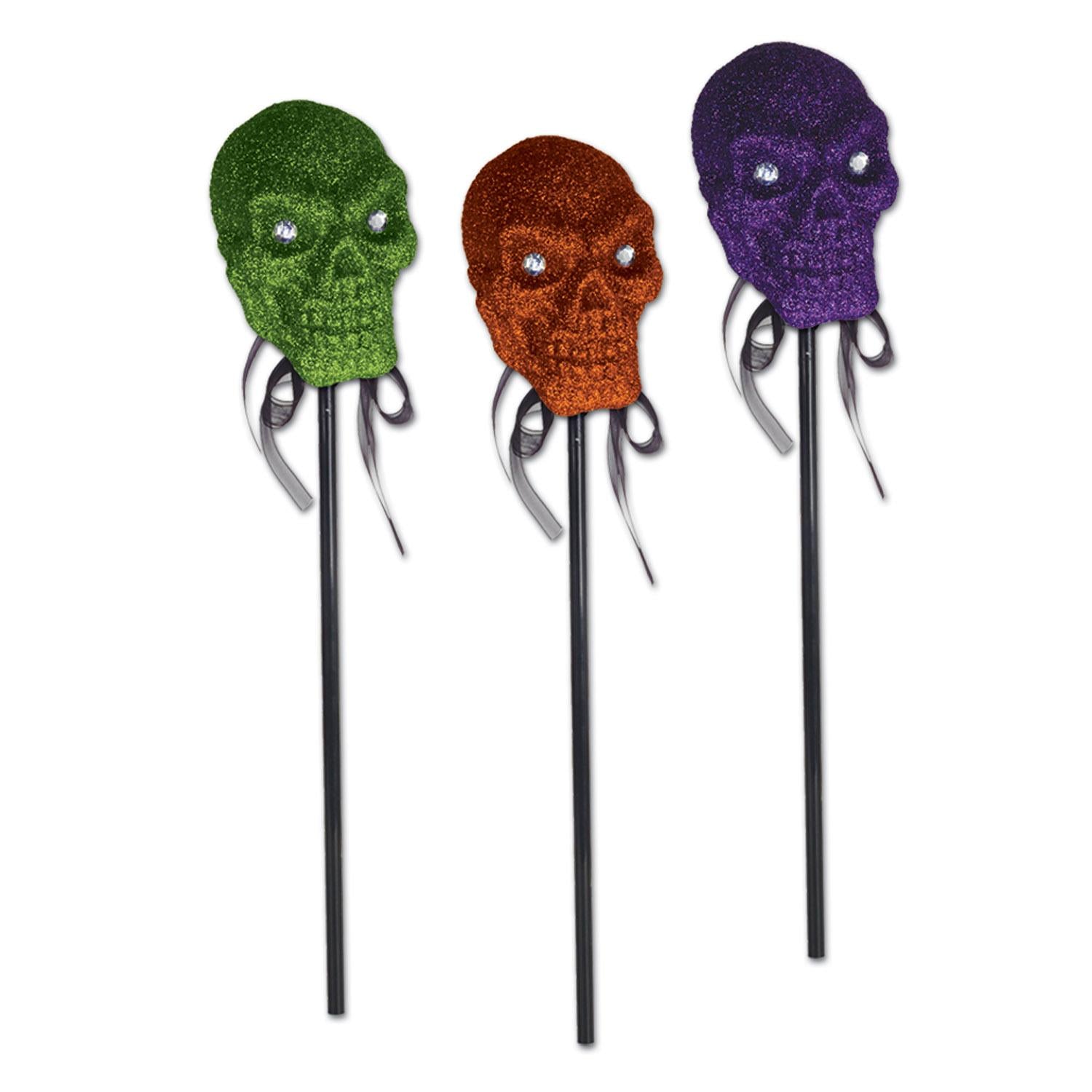 Beistle Halloween Glittered Plastic Skulls with Stick