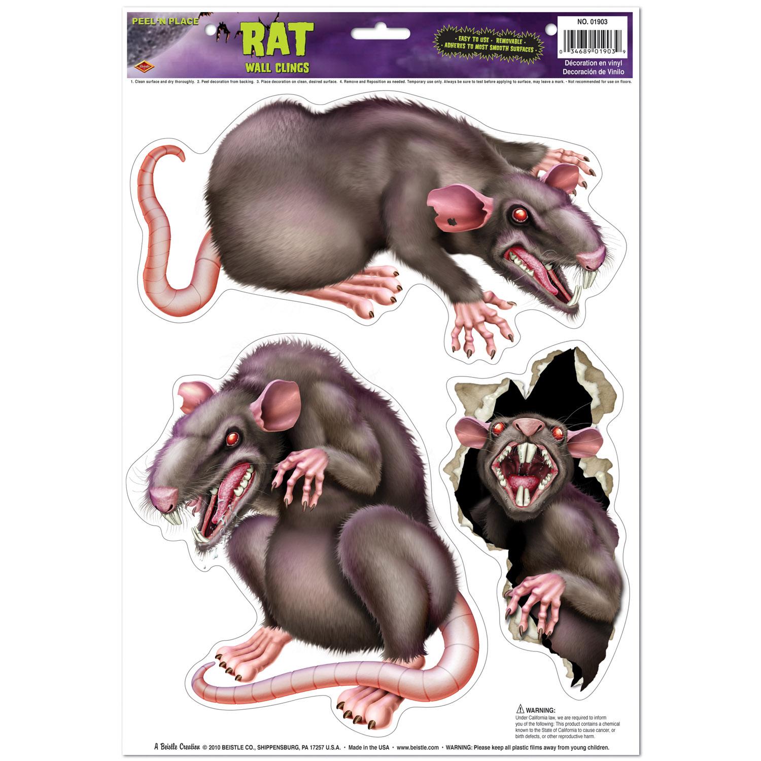 Beistle Halloween Rats Peel 'N Place Clings (3/Sheet)