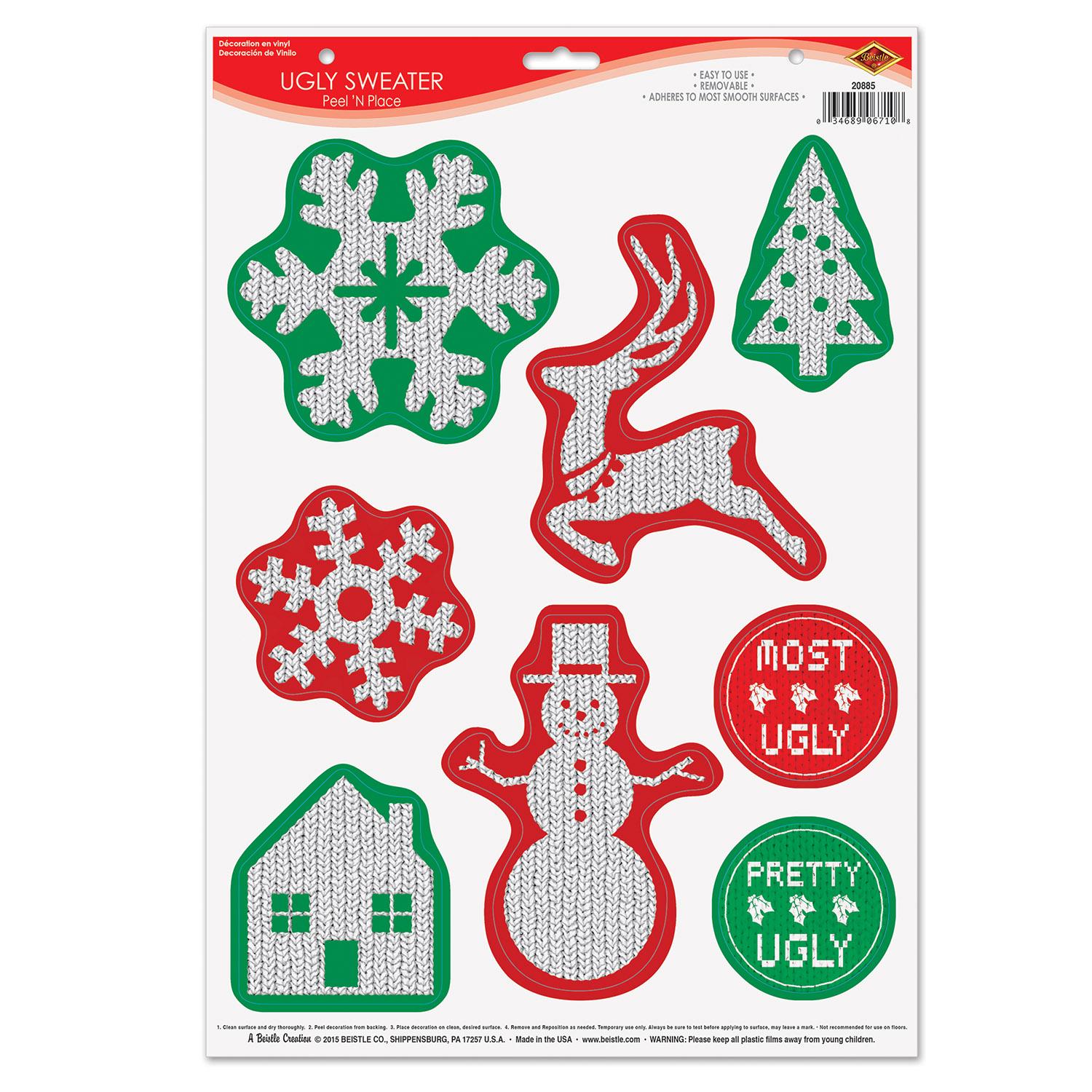 Christmas Ugly Sweater Peel 'N Place Clings (8 per Package)