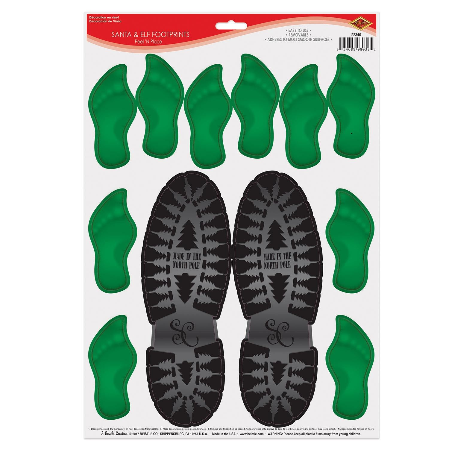 Christmas Santa & Elf Footprints Peel 'N Place Clings (12/Pkg)