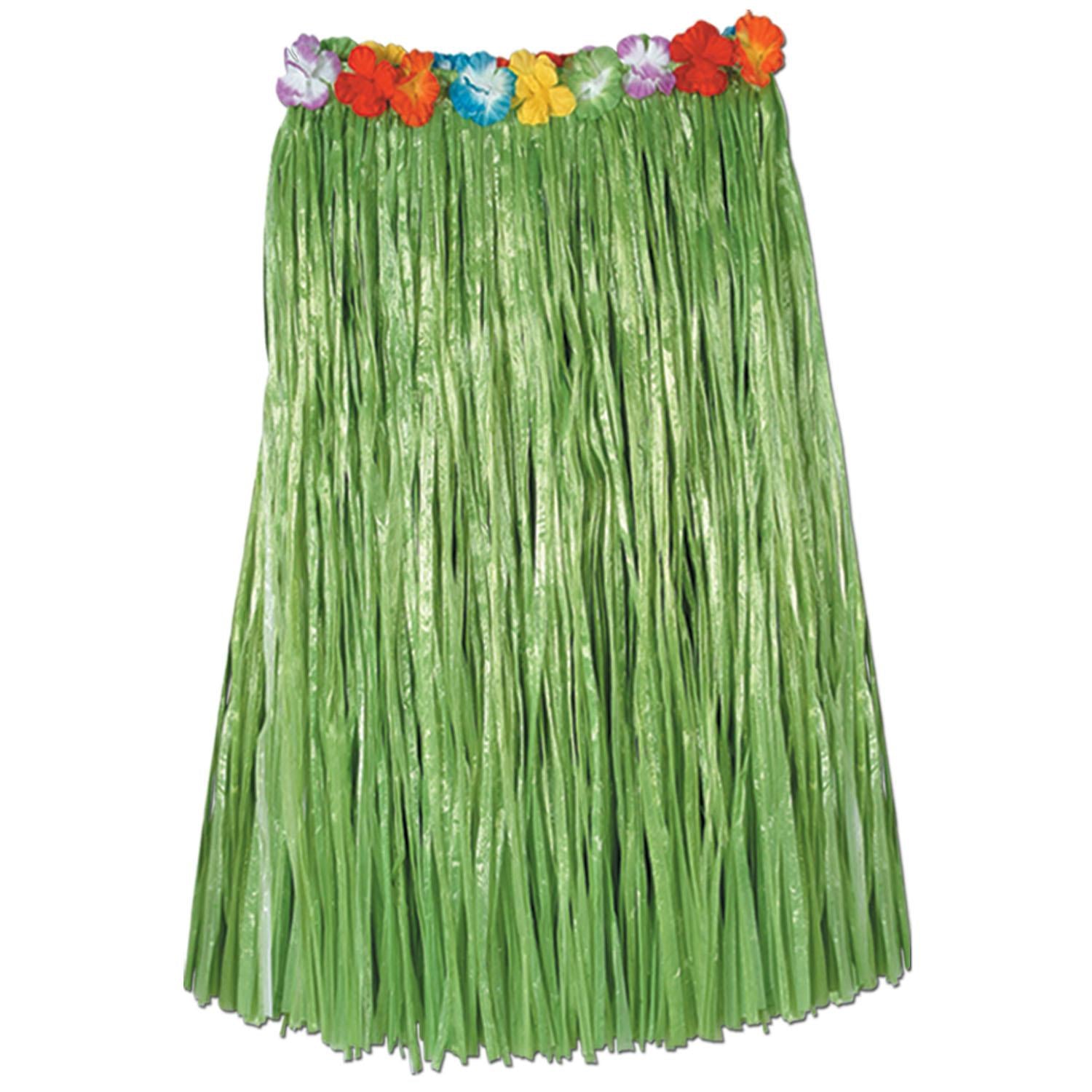 Luau Party Adult Artificial Grass Hula Skirt - green - with floral waistband