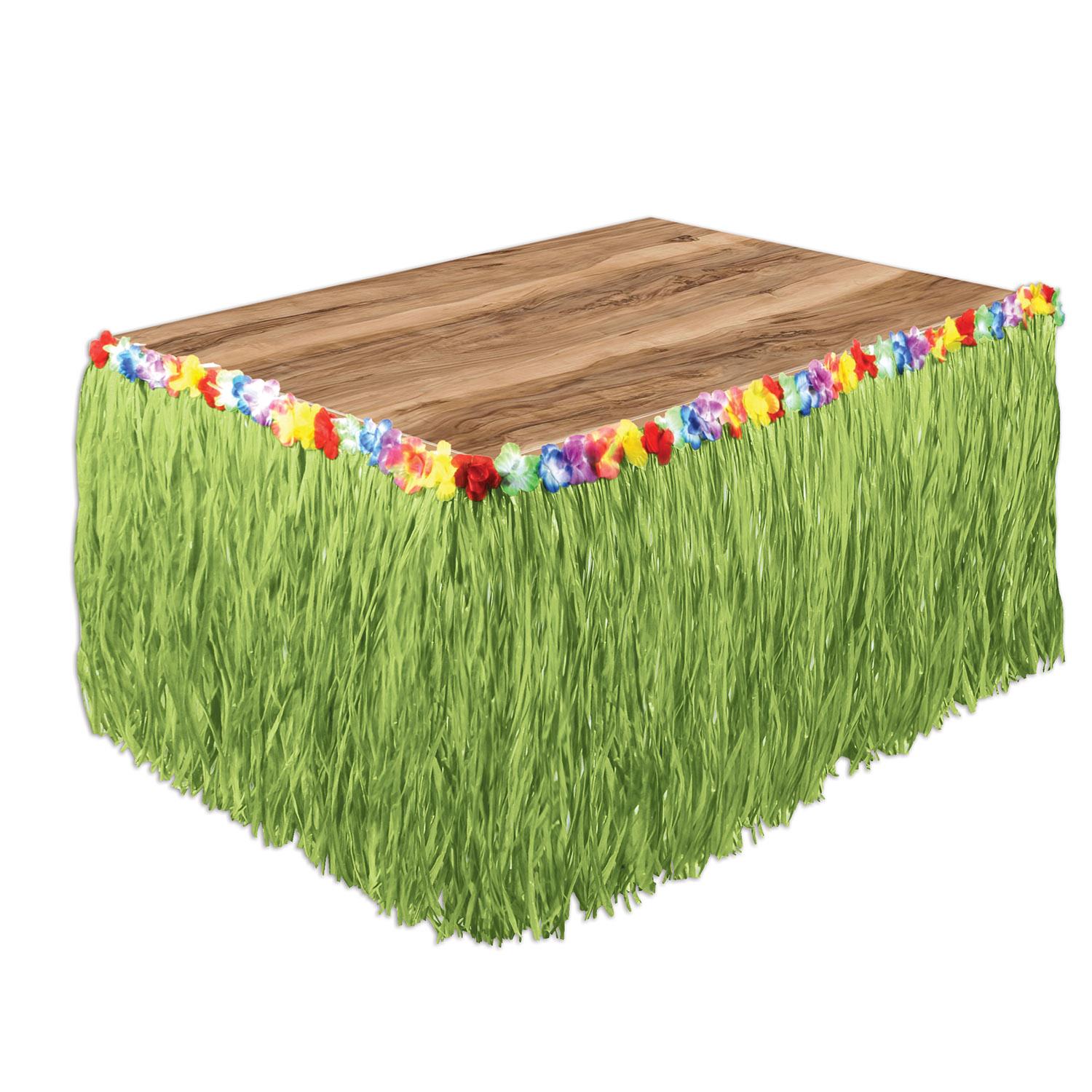 Luau Party Artificial Grass Table Skirt - green - with floral trim