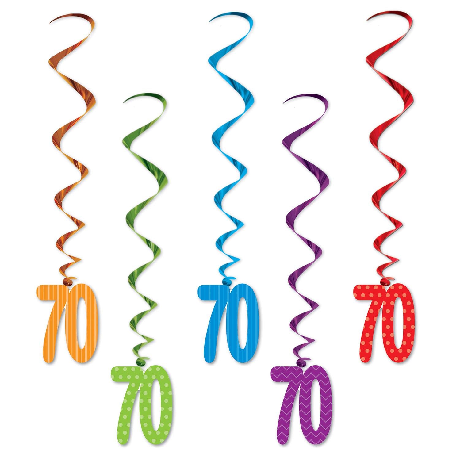 70th Birthday Party Whirls - Assorted colors with Design (5/Pkg)