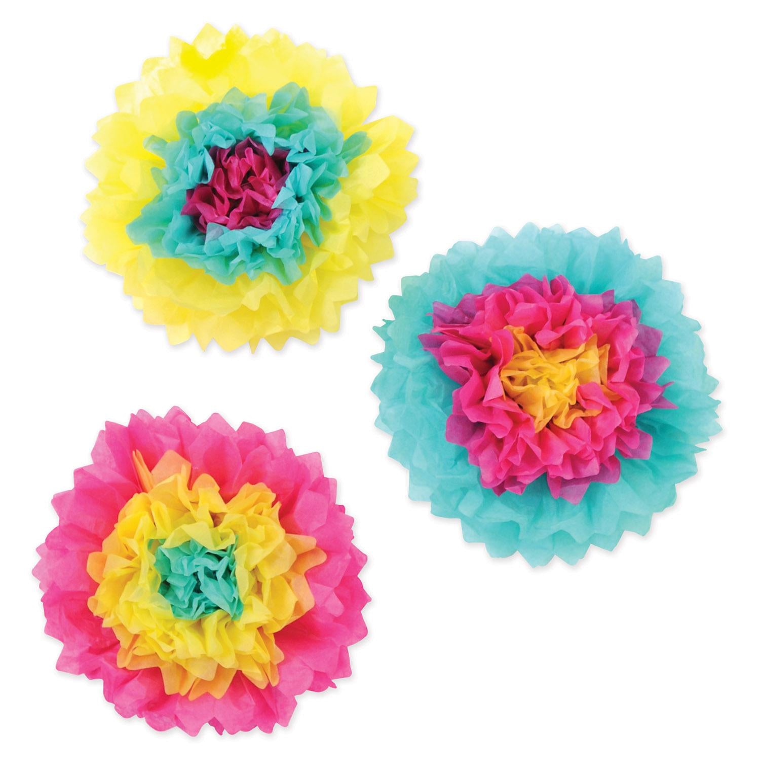 Luau Party Tissue Flowers cerise - turquoise - yellow (3/Pkg)