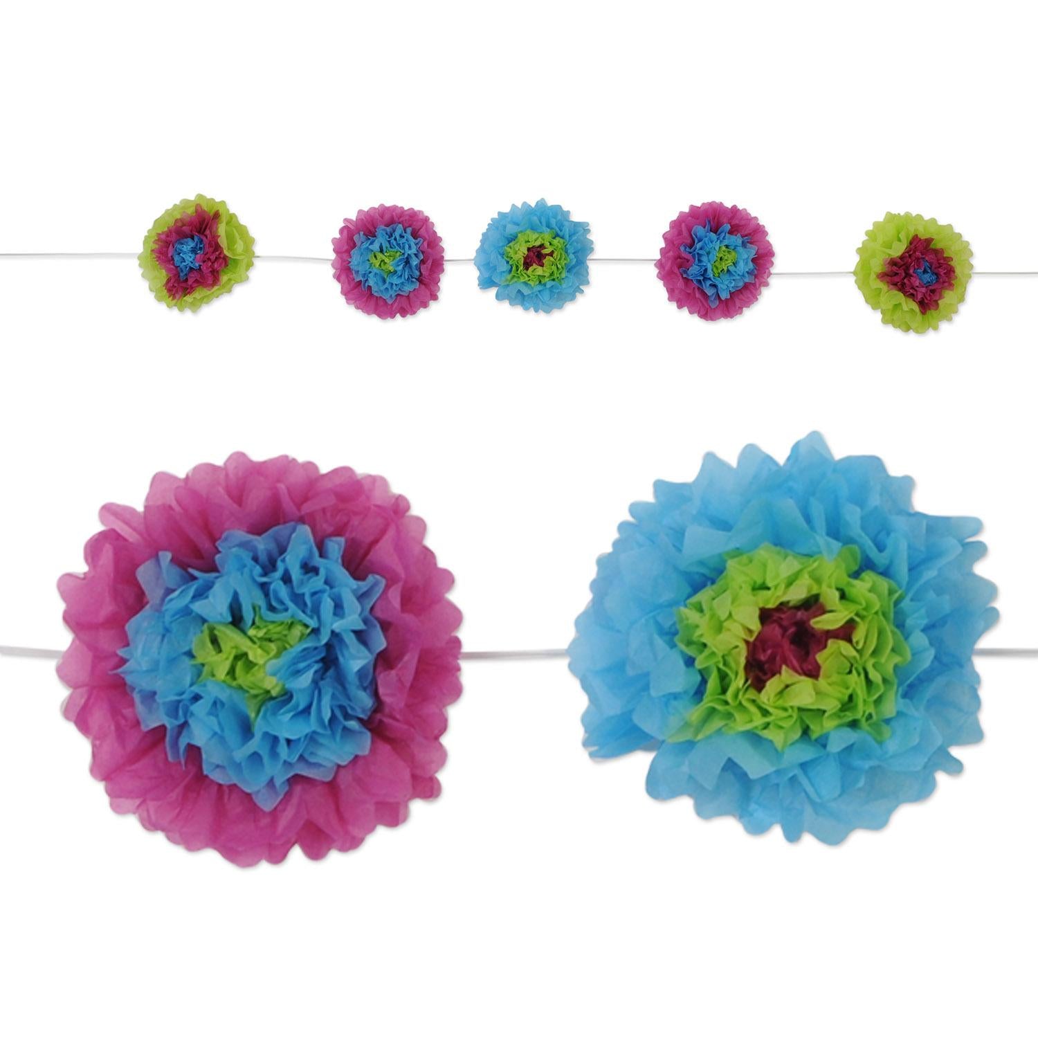 Tissue Flower Party Garland - blue - lime green - purple