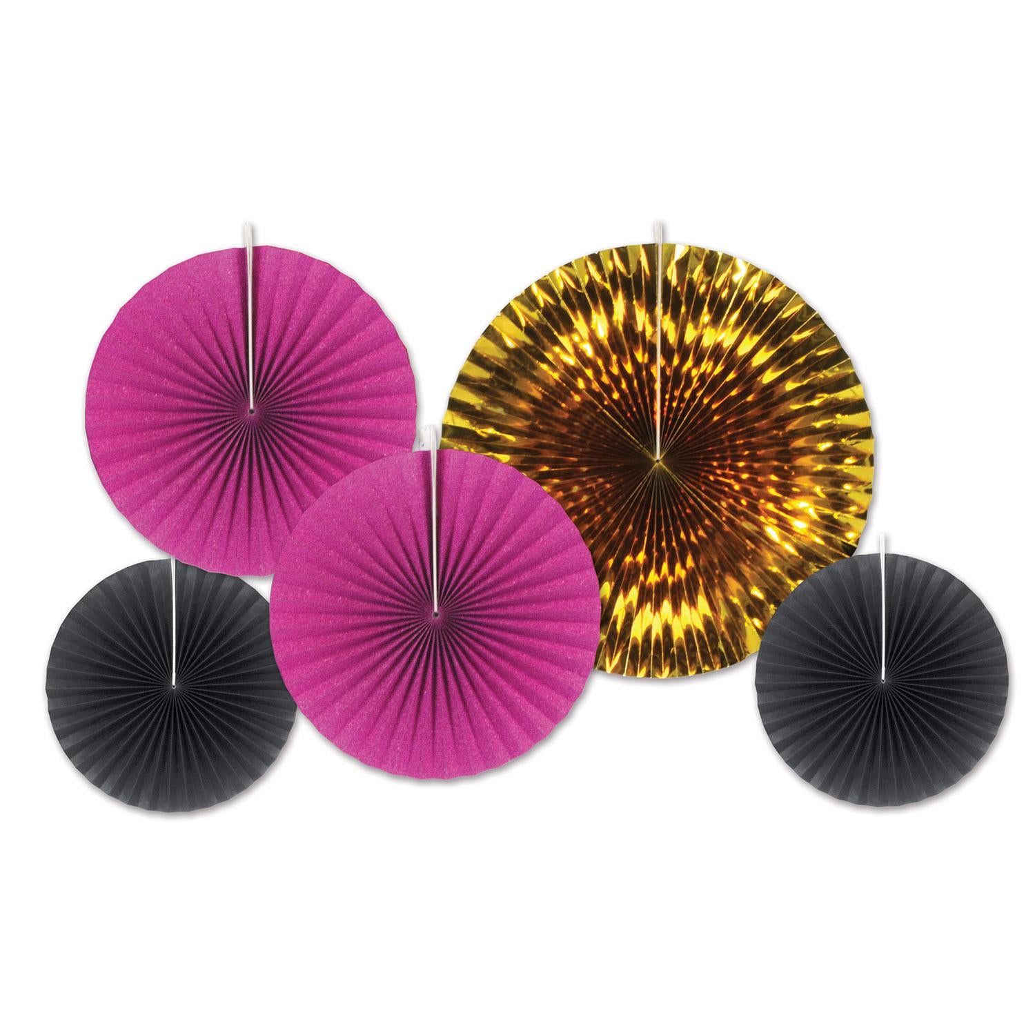 Paper & Foil Decorative Fans - Assorted black - cerise - gold (5/Pkg)