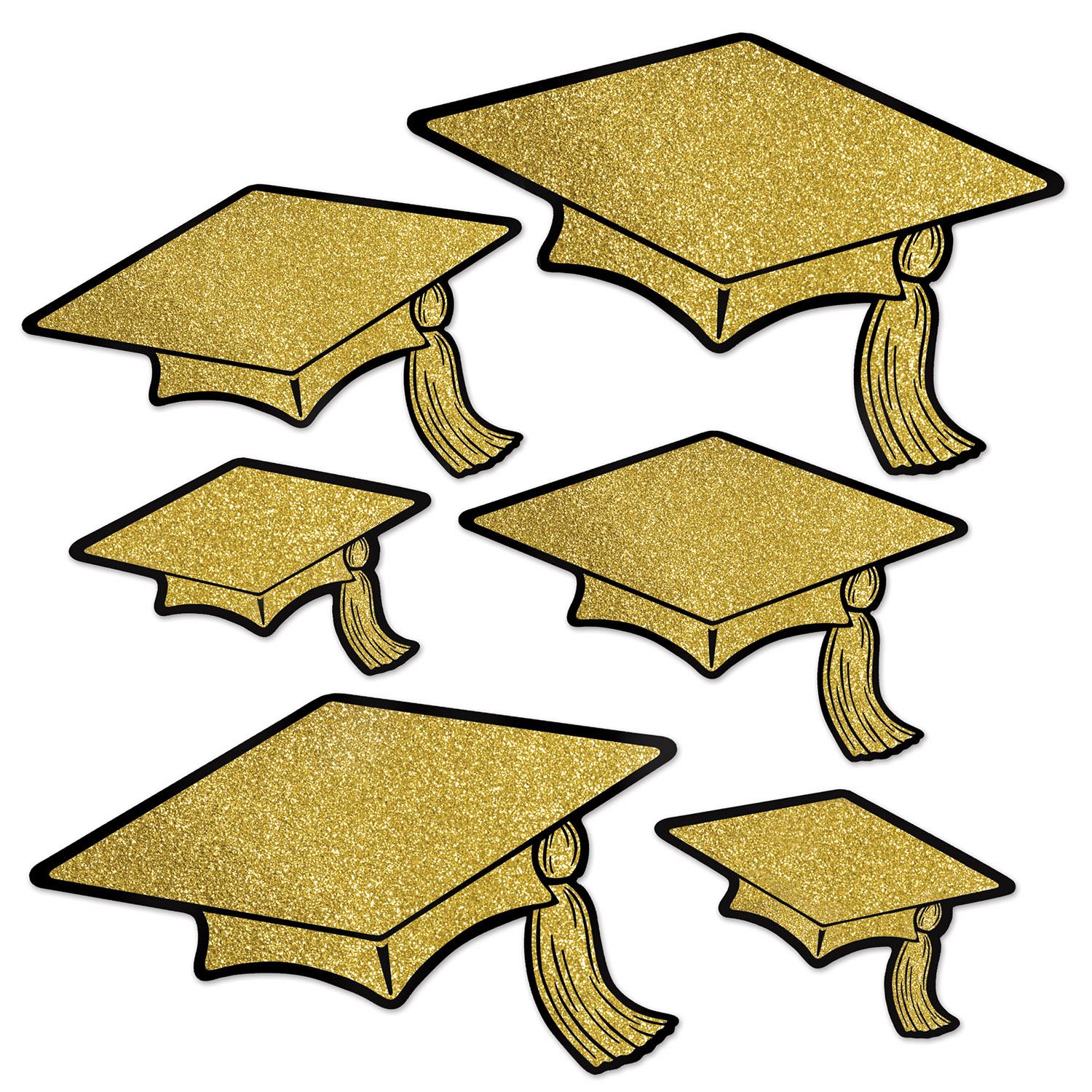 Glittered Foil Grad Cap Graduation Party Cutouts (6/Pkg)