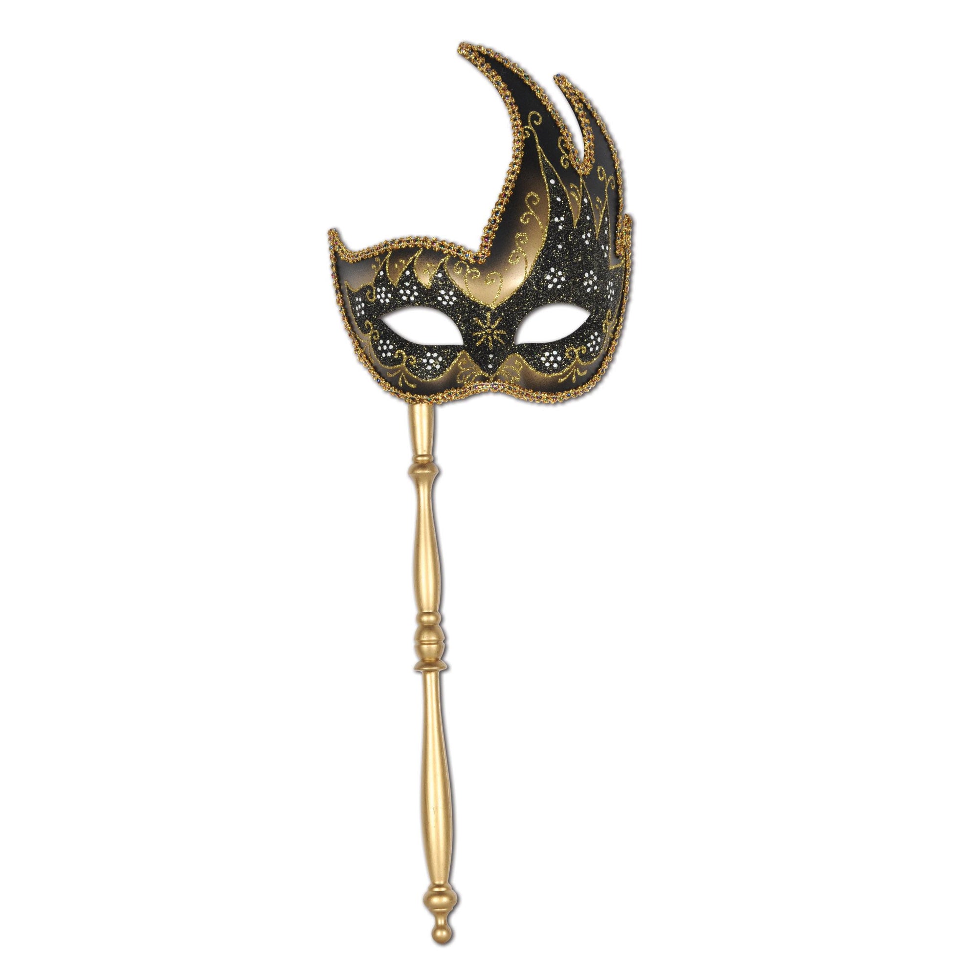 Mardi Gras Glittered Mask with Stick - gold - sticks attached