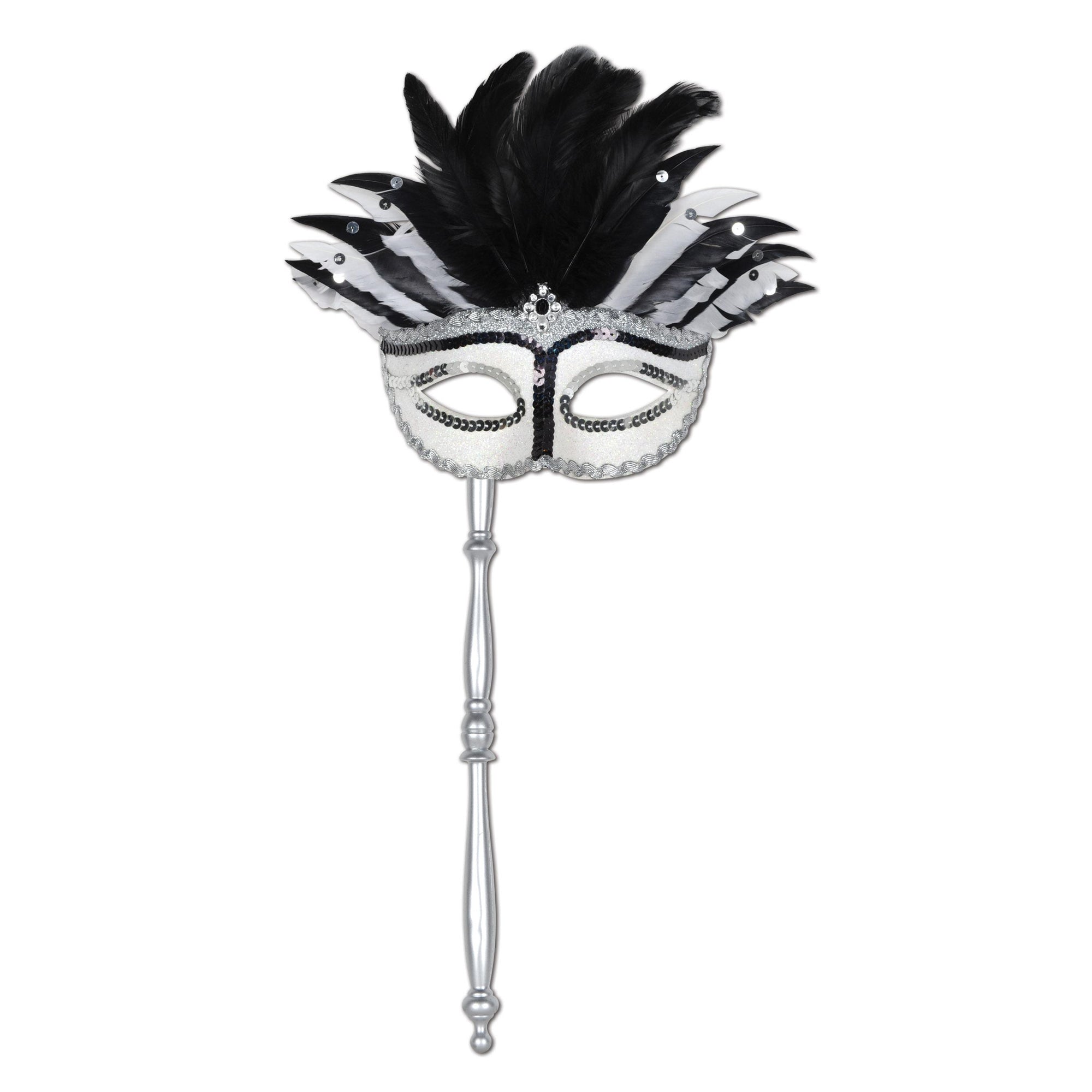 Feathered Beistle Mardi Gras Costume Mask with Stick