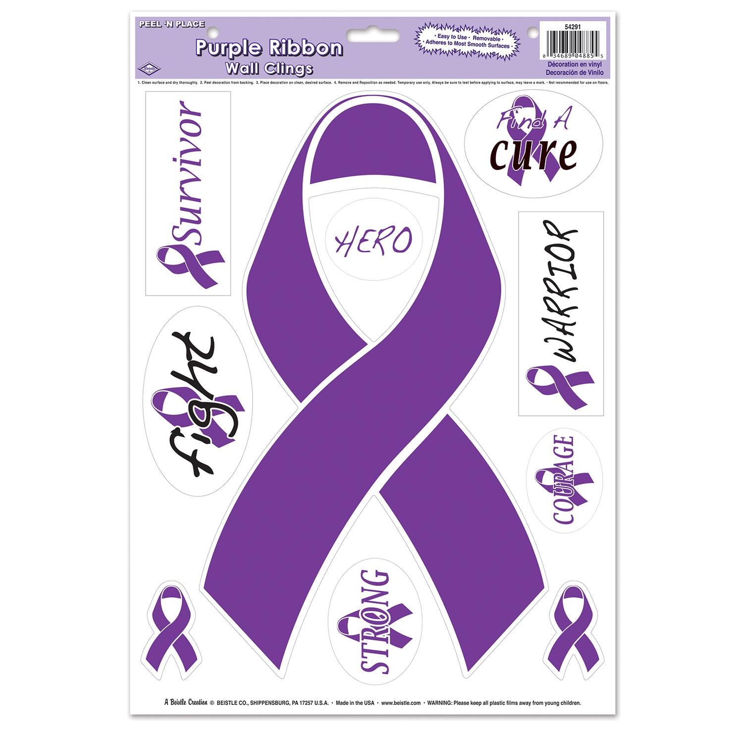 Purple Ribbon/Find A Cure Peel 'N Place Clings (10/Pkg)