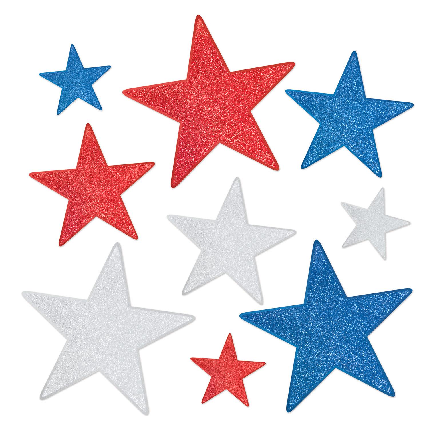 Glittered Foil Star Party Cutouts Assorted red - silver blue (9/Pkg)