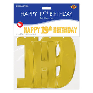 Beistle Foil Happy 19th Birthday Streamer gold - 7.5 inch x 5 Feet - Birthday-Age Specific Banners