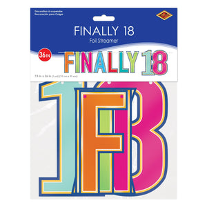 Beistle Foil Finally 18 Streamer multi-color - 7.5 inch x 3 Feet - Birthday-Age Specific Banners