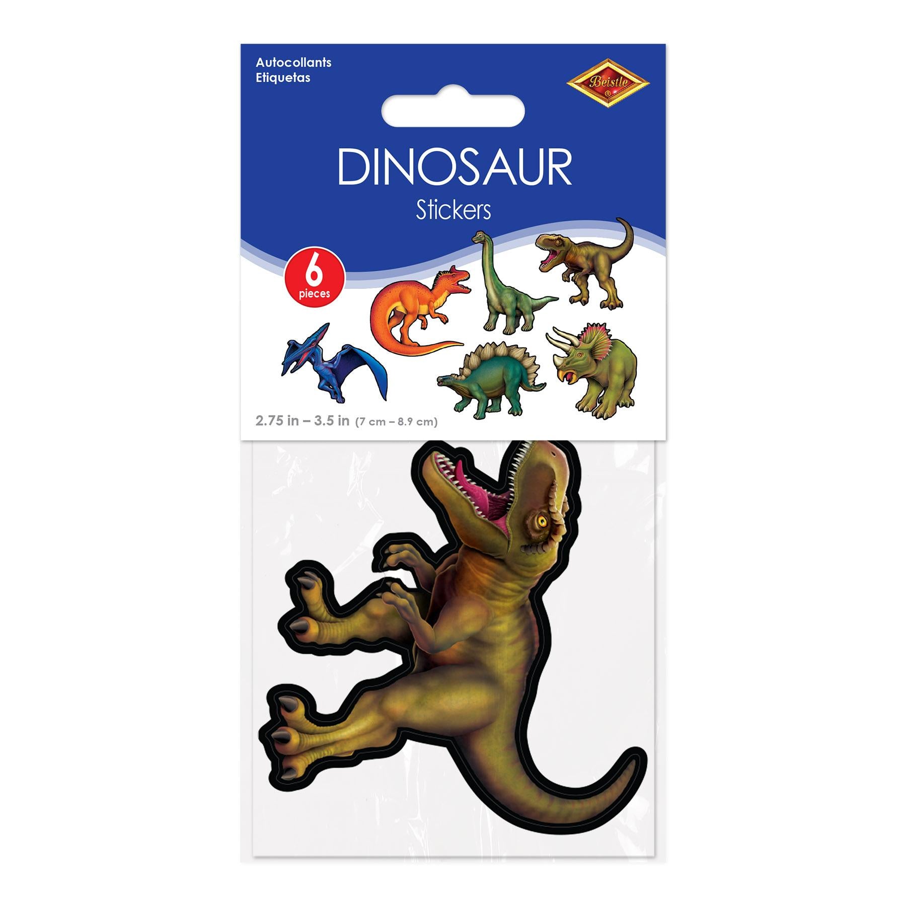 Dinosaur Stickers (6/Pkg) - 2.75 Inch-3.5 Inch