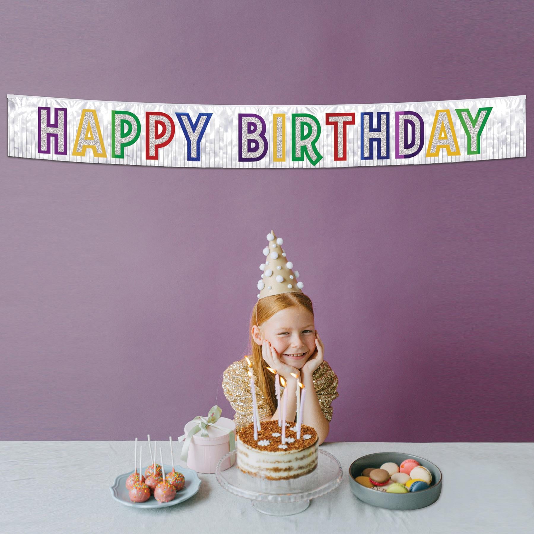 Metallic Happy Birthday Party Banner - white with silver