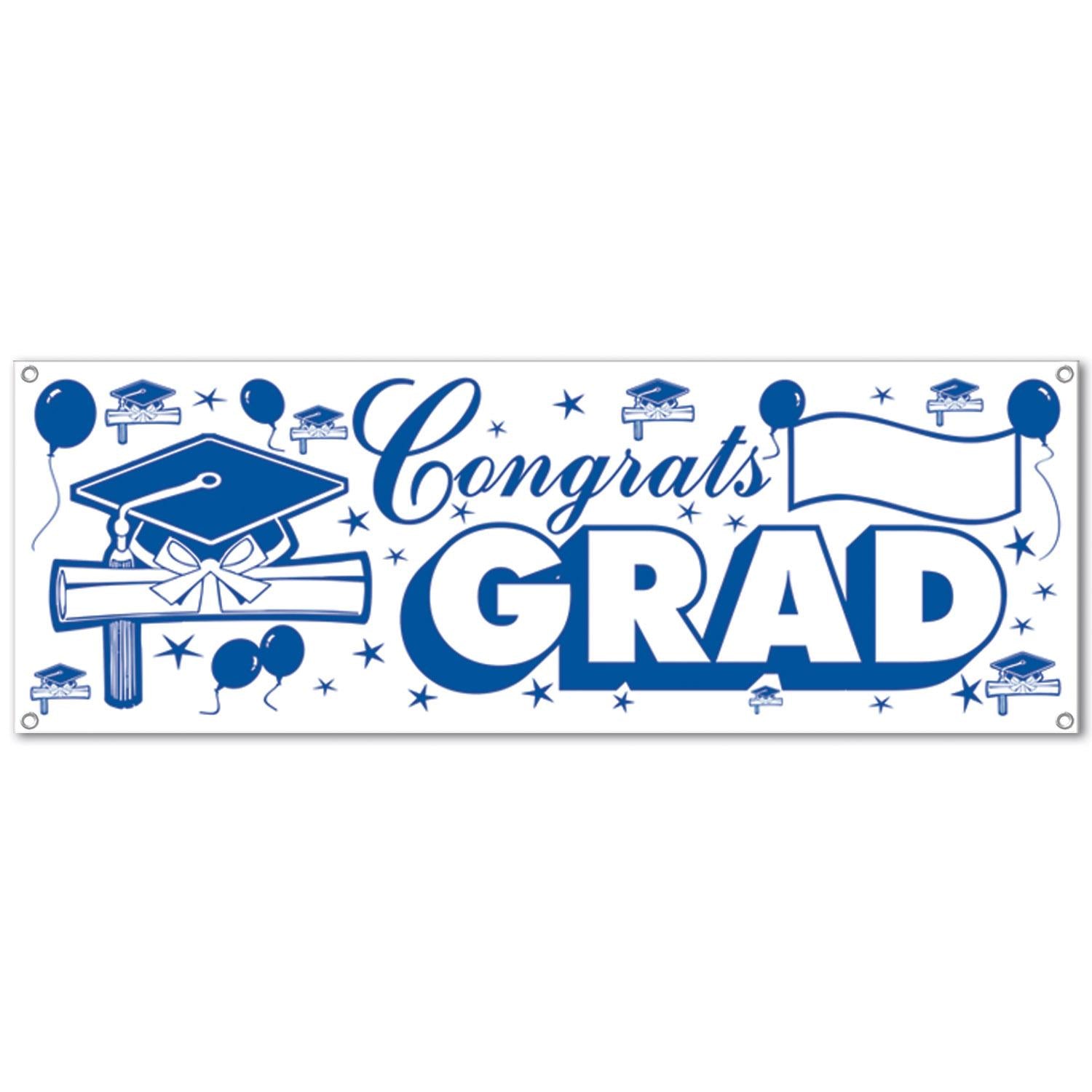 Congrats Grad Graduation Party Sign Banner - blue & white - all-weather