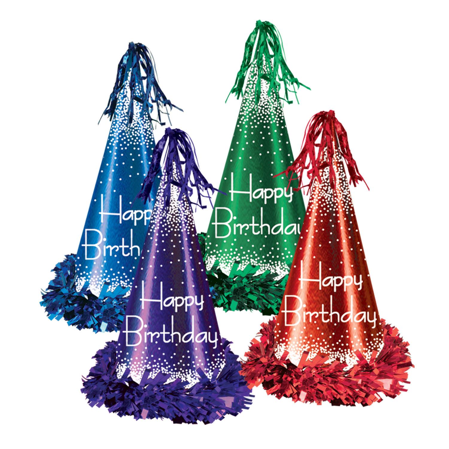 Fringed Foil Happy Birthday Party Hats assorted colors (12/Case)