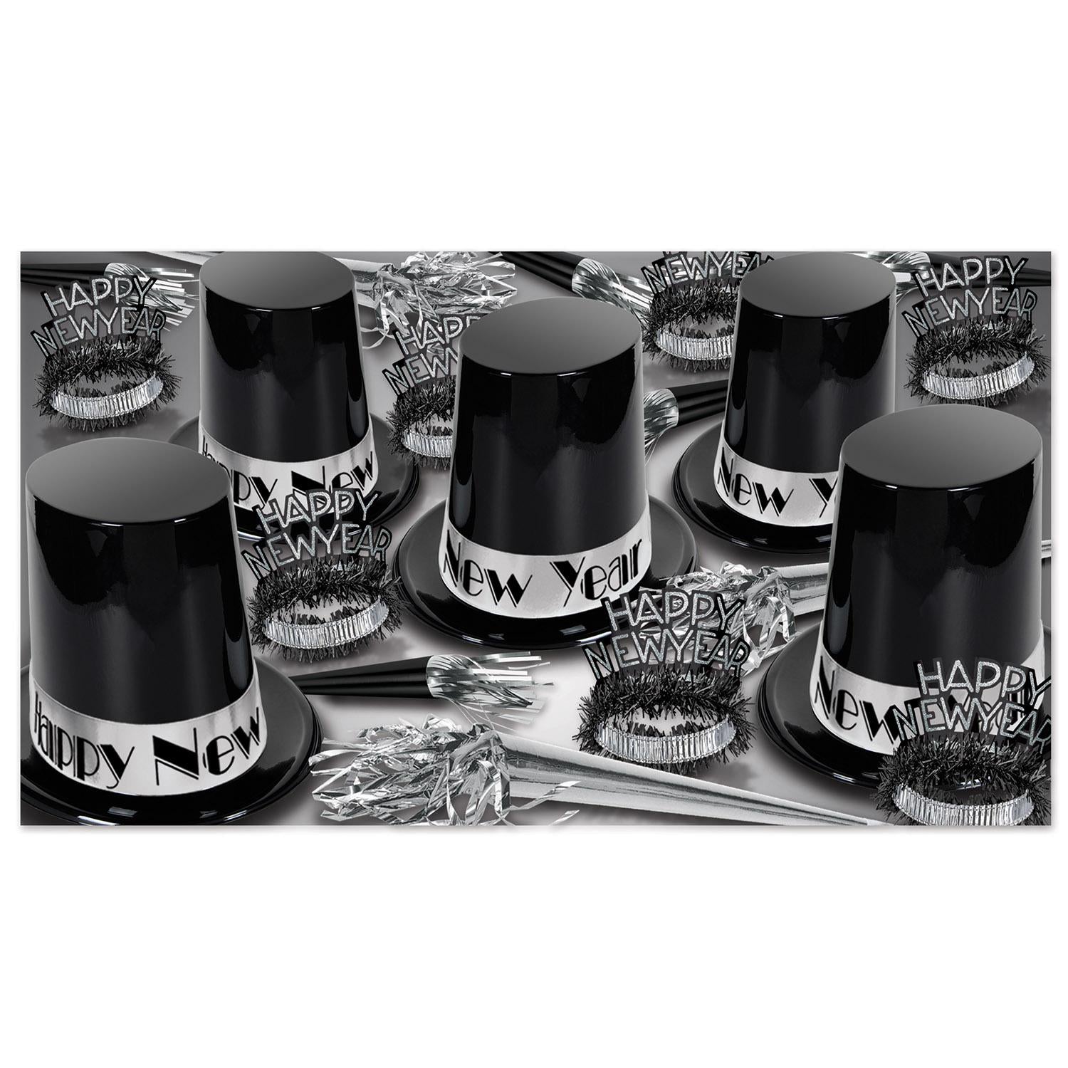 The Big Top Hat Silver New Year's Eve Party Kit for 50 People