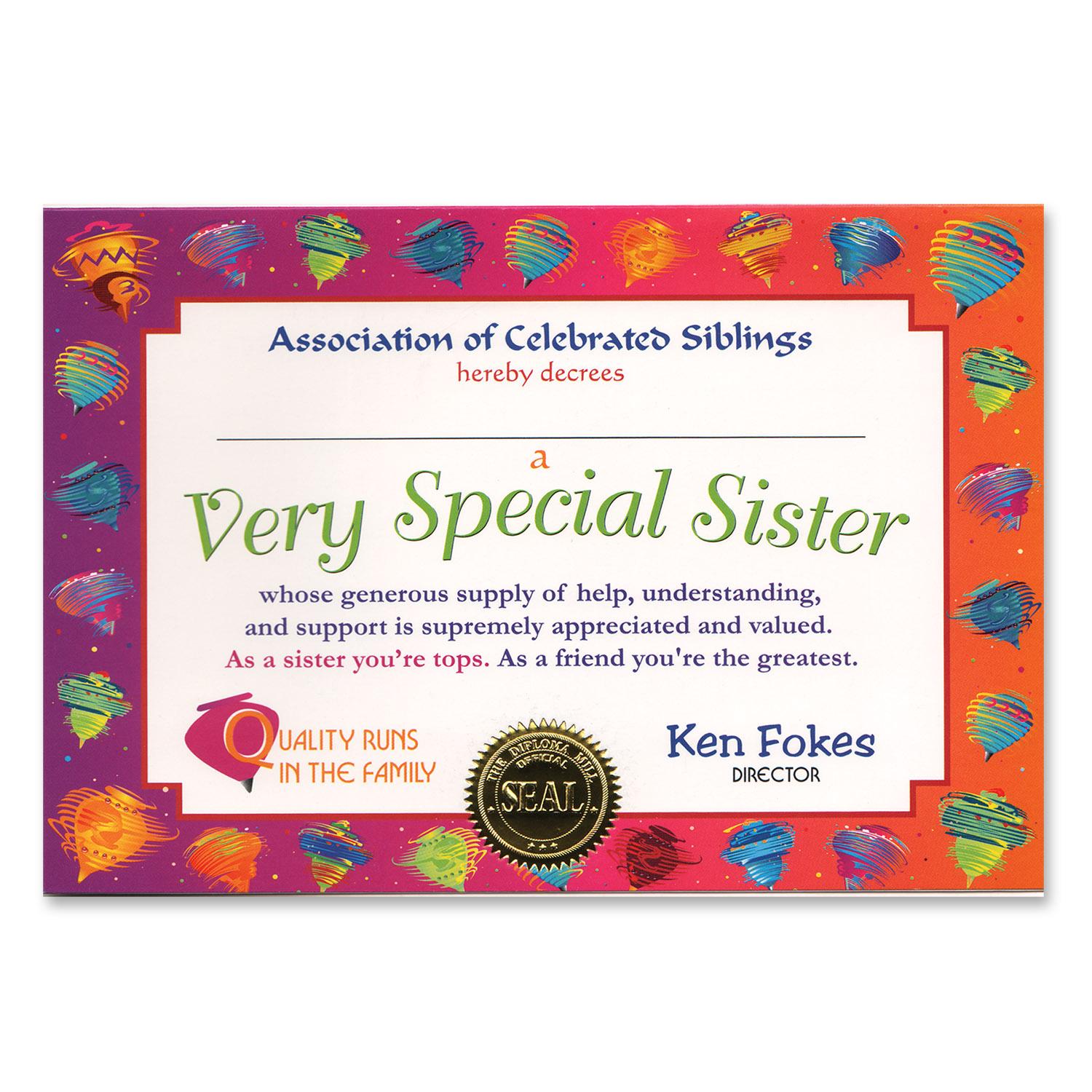 Beistle Very Special Sister Certificate